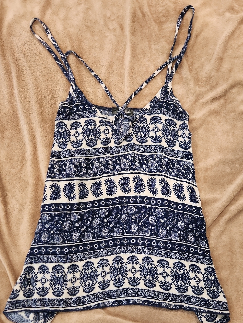 Urban Episode Blue and White Printed Spaghetti Strap Cross Front Tank Top